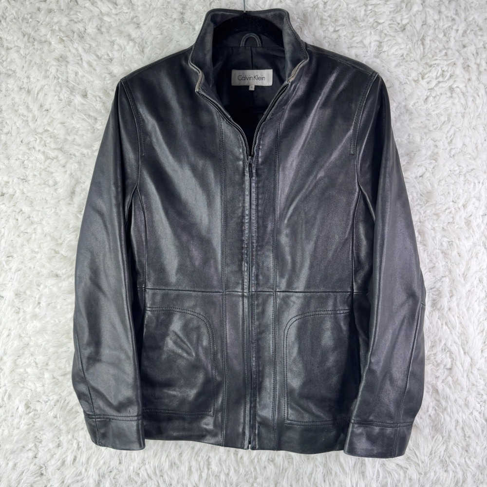 Calvin Klein Soft Black Leather Jacket Zip Front Collar Blazer Coat Distressed S